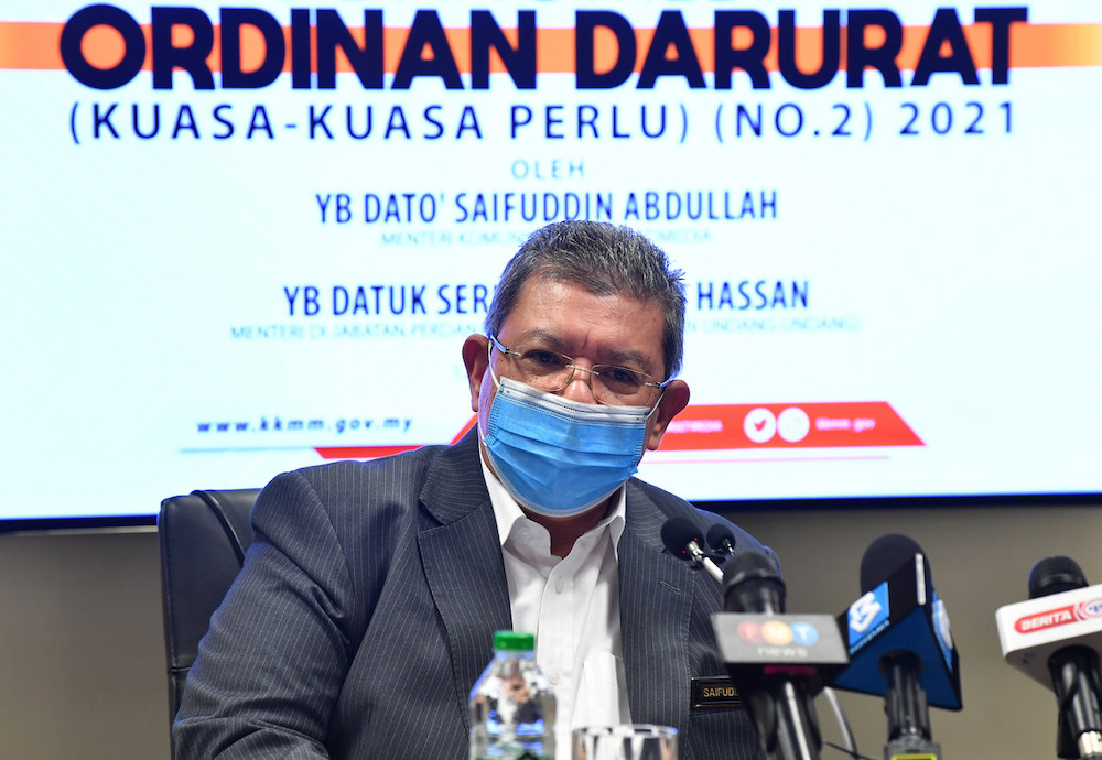 Datuk Saifuddin Abdullah speaks during a press conference on the Emergency Ordinance in Putrajaya March 12, 2021.u00e2u20acu201d Bernama pic