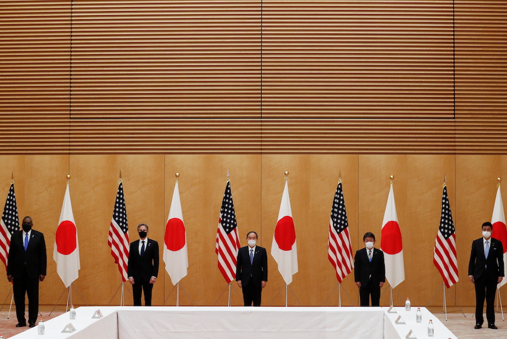 US Secretary of State Antony Blinken and Defence Secretary Lloyd Austin meet with Japanese Prime Minister Yoshihide Suga, Foreign Minister Toshimitsu Motegi and Defence Minister Nobuo Kishi at the Prime Ministers office in Tokyo, Japan, March 16, 2021. u00e2u20ac