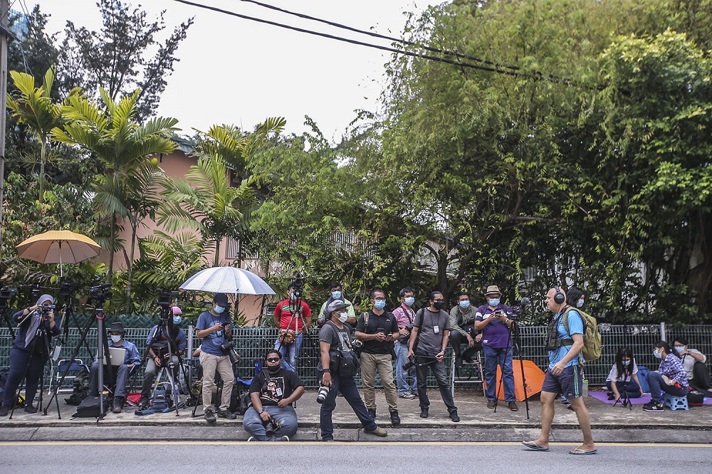 Members of the media gather in front of the North Korean embassy in Damansara Heights, Kuala Lumpur March 20, 2021. u00e2u20acu201d Picture by Hari Anggara