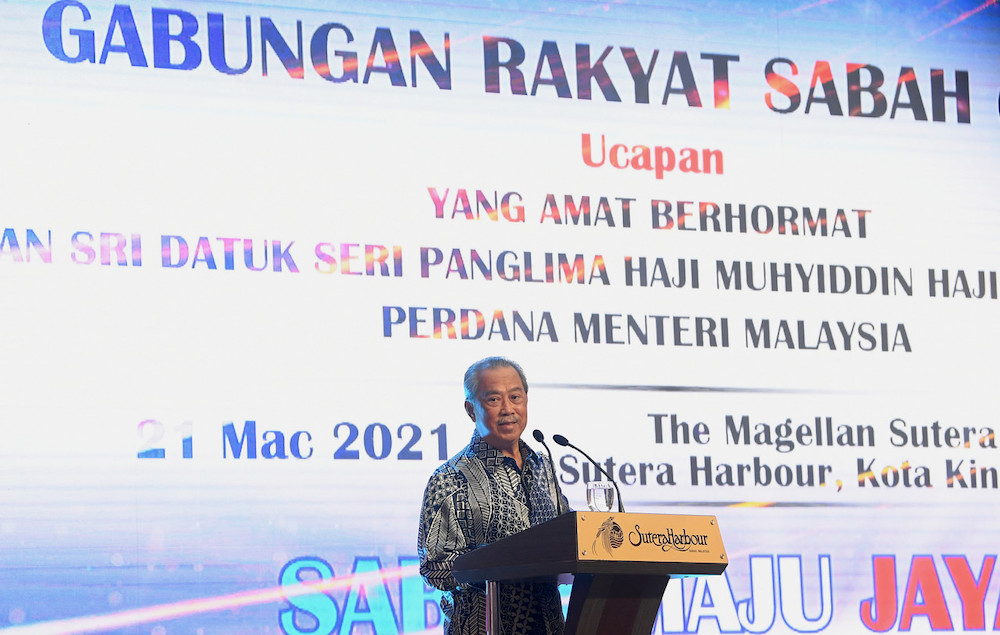 Prime Minister Tan Sri Muhyiddin Yassin speaking at the Gabungan Rakyat Sabah (GRS) dinner held in honour of his official visit to Sabah, March 21, 2019 Kota Kinabalu. u00e2u20acu201d Bernama pic