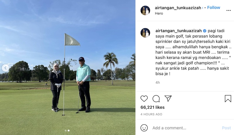 Raja Permaisuri Agong Tunku Hajah Azizah Aminah Maimunah Iskandariah shared photos of herself at the course playing golf. u00e2u20acu201d Picture via Instagram/@airtangan_tunkuazizah