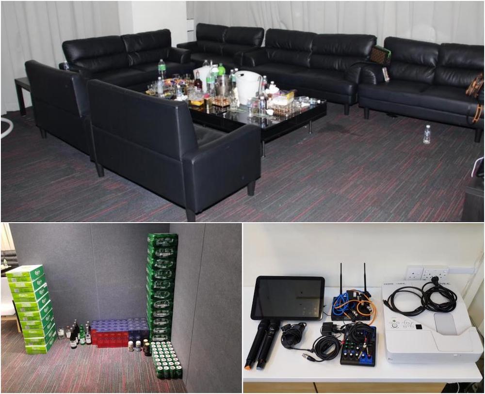 The scene of an illegal gathering and items seized from an office unit along Pemimpin Drive by the police. u00e2u20acu201du00c2u00a0Picture courtesy Singapore Police Force via TODAY