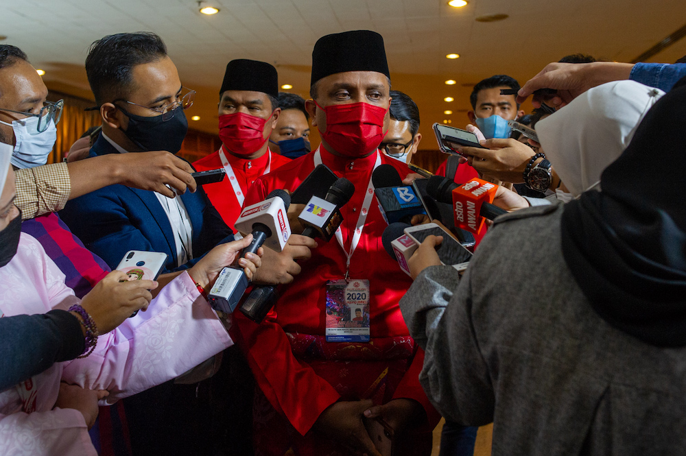 Umno supreme council member, Dato' Sri Reezal Merican Naina Merican speaks to the media during the 2020 Umno annual general meeting in Kuala Lumpur on March 28, 2021. u00e2u20acu2022 Picture by Shafwan Zaidonnn