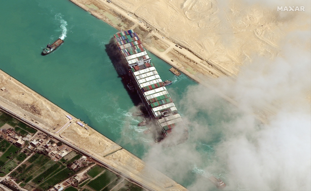 A view shows Ever Given container ship in Suez Canal in this Maxar Technologies satellite image taken on March 29, 2021. u00e2u20acu201d Maxar Technologies pic via Reuters nn