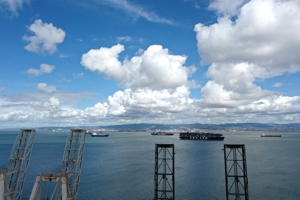 In this aerial view by drone, fully loaded container ships sit anchored in the San Francisco Bay, March 8, 2021. u00e2u20acu201d Justin Sullivan/Getty Images/AFP pic