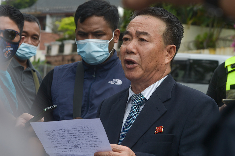 North Korean counsellor, Kim Yu-song gives a statement to the media before leaving the premises of the North Korea embassy in Kuala Lumpur March 21, 2021. u00e2u20acu201d Picture by Miera Zulyana
