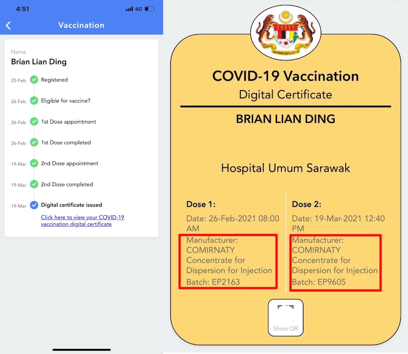 The digital certificate will display the vaccination location and details of the two shots. — SoyaCincau pic