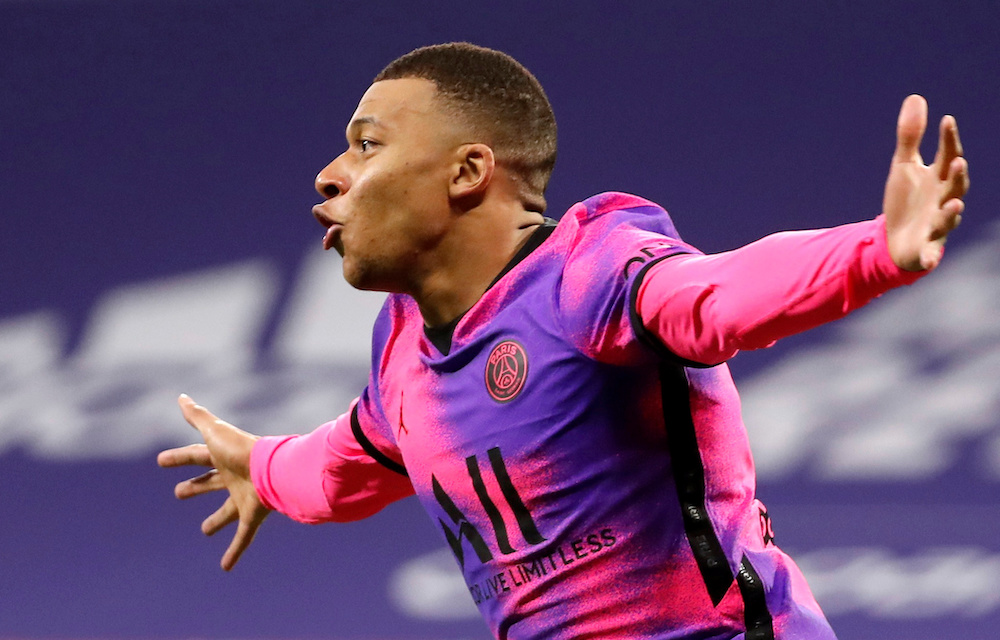 Paris St Germain's Kylian Mbappe celebrates scoring their fourth goal, March 21, 2021. u00e2u20acu201d Reuters pic