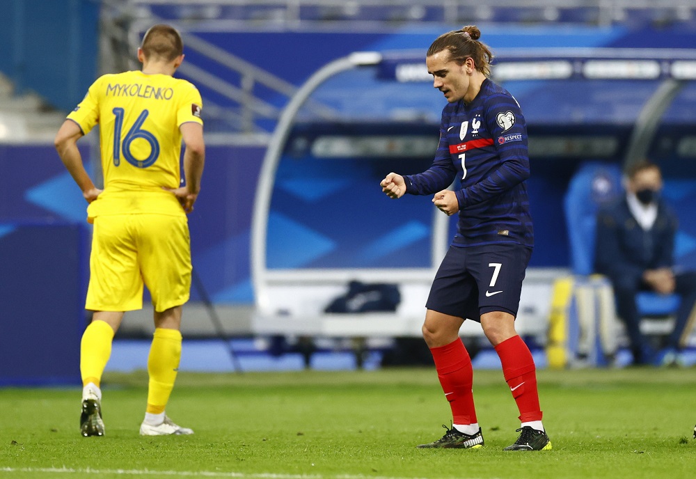 France's Antoine Griezmann celebrates after scoring the first goal aagainst Ukraine March 25, 2021. u00e2u20acu2022 Reuters pic