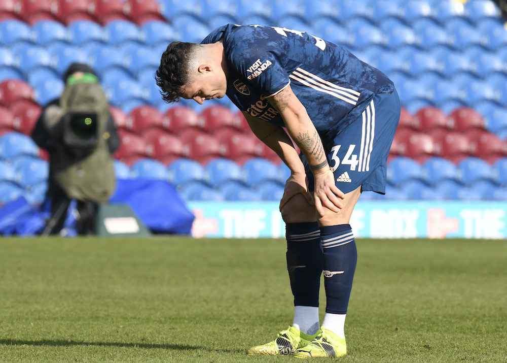 Arsenalu00e2u20acu2122s Granit Xhaka looks dejected after the match against Burnley at the Turf Moor Stadium in Burnley, March 6, 2021. u00e2u20acu201d Reuters pic