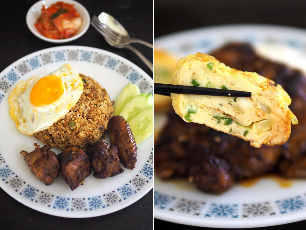 The BB Specialty Fried Rice has a homely taste with finely chopped vegetables, a healthier take on Korean fried chicken and fried egg (left). The egg roll is a little different with crunchy textures from diced green capsicums mingling with fluffy egg (right).