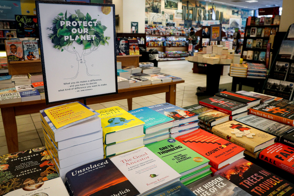 Climate change themed books are displayed together at a Barnes & Noble book store in Brooklyn, New York, US, March 2, 2021. u00e2u20acu201d Reuters picnn