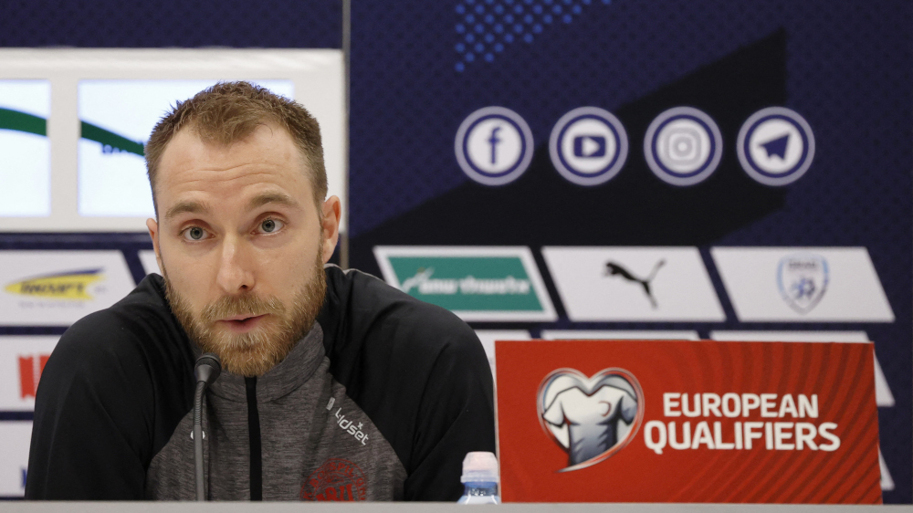 Denmarku00e2u20acu2122s midfielder Christian Eriksen speaks during the presser ahead of 2022 Fifa World Cup qualifier group F football match between Israel and Denmark at Bloomfield stadium in Tel Aviv March 24, 2021. u00e2u20acu201d AFP pic