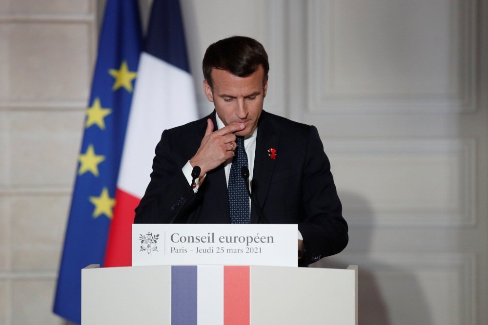 French President Emmanuel Macron delivers a press conference after a European Council summit held over video-conference at the Elysee Palace in Paris, France, March 25, 2021. u00e2u20acu201d Reuters pic 