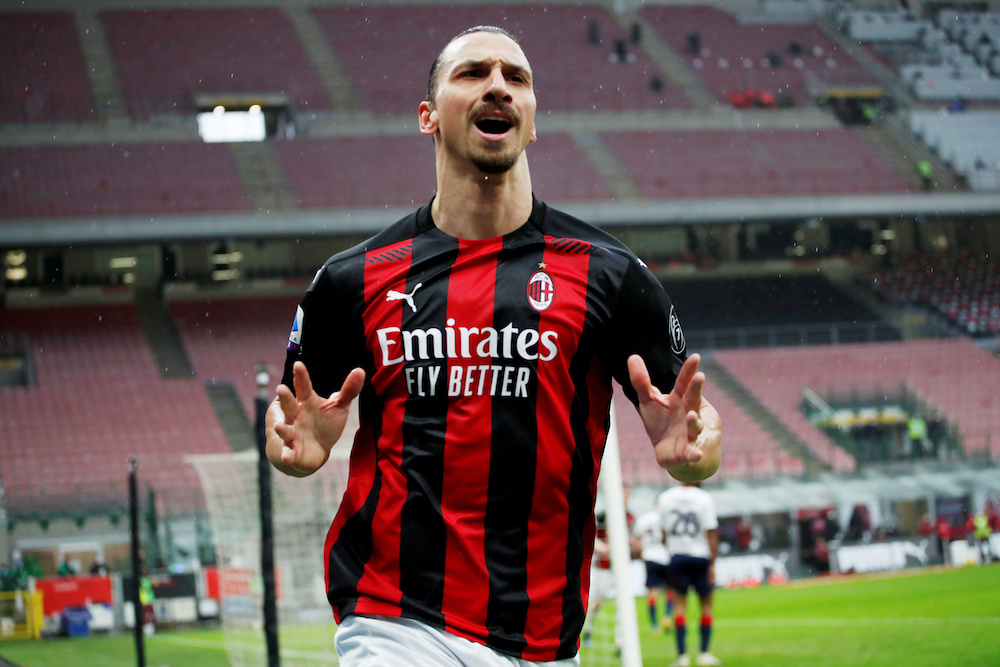 AC Milanu00e2u20acu2122s Zlatan Ibrahimovic celebrates scoring their first goal during the match against Crotone at the San Siro Stadium in Milan, February 7, 2021. u00e2u20acu2022 Reuters picnnn