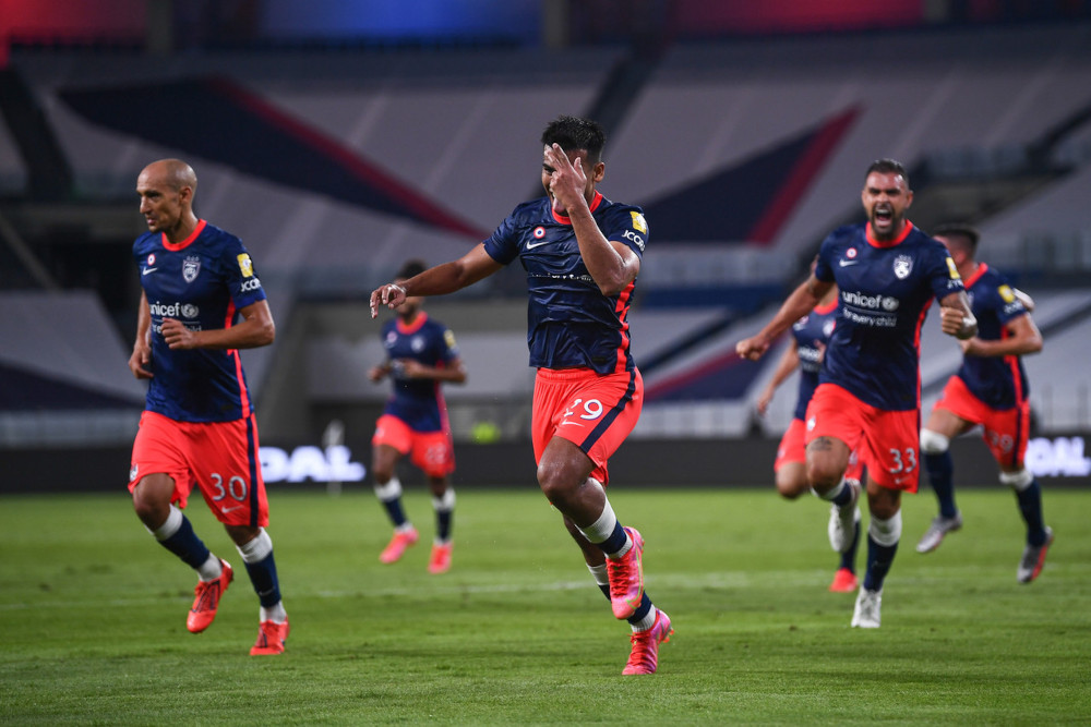 JDT player Muhammad Safawi Rasid celebrates after successfully scoring a goal against KDA FC in a clash for the Charity Shield at the Sultan Ibrahim Stadium in Iskandar Puteri March 5, 2021. u00e2u20acu201d Bernama pic 