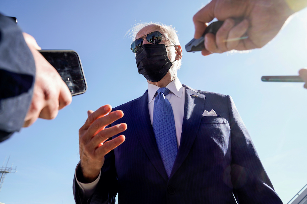 US President Joe Biden speaks to the media as he arrives in Newcastle, Delaware, US, March 26, 2021. u00e2u20acu201d Reuters picnnn