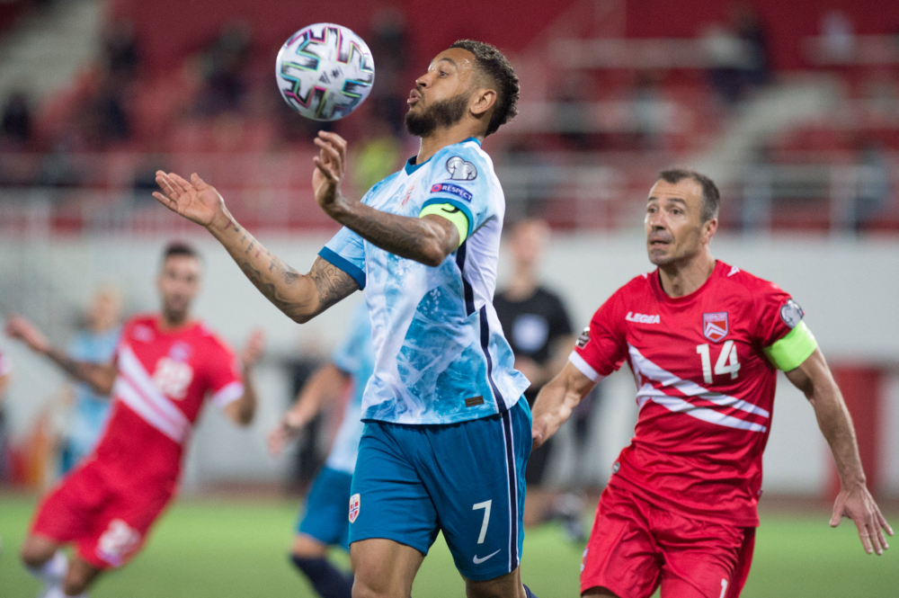 Norwayu00e2u20acu2122s forward Joshua Christian Kojo King (left) vies with Gibraltaru00e2u20acu2122s defender Roy Chipolina during the Fifa World Cup Qatar 2022 qualification football match March 24, 2021 at the Victoria Stadium in Gibraltar. u00e2u20acu201d AFP picnn