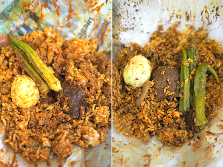 Restoran Mohamed Raffee's 'mutton' is served in a huge chunk but it has a nice flavour (left). The beef from Restoran Sulaiman Nasi Kandar is tender with a light flavour (right).