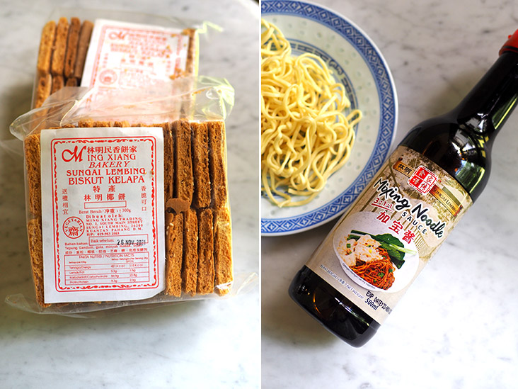 The biscuits are made with coconut milk but the taste is very mild (left). You can also buy the mixing sauce in a bottle to use with the noodles or cook other dishes (right).