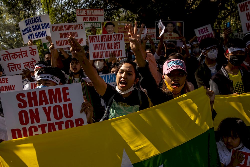 Myanmar citizens living in India shout slogans during a protest against the military coup in Myanmar, organised by Chin Refugee Committee, in New Delhi, India, March 3, 2021. u00e2u20acu201d Reuters pic