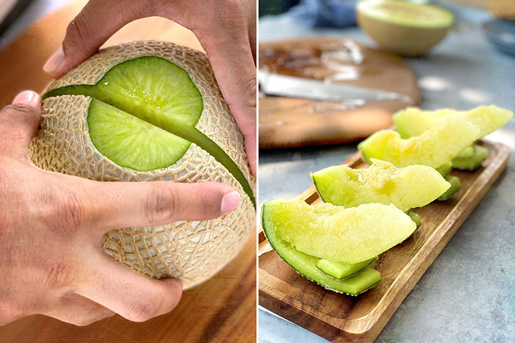 Cutting open a locally grown Arus muskmelon, considered the most expensive melon in the world.