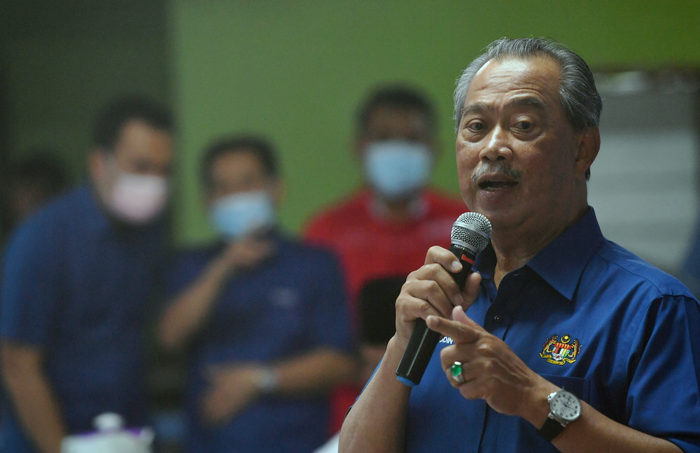 Tan Sri Muhyiddin Yassin speaking at an event in Sungai Terap, Johor, March 27, 2021. u00e2u20acu201d Bernama pic