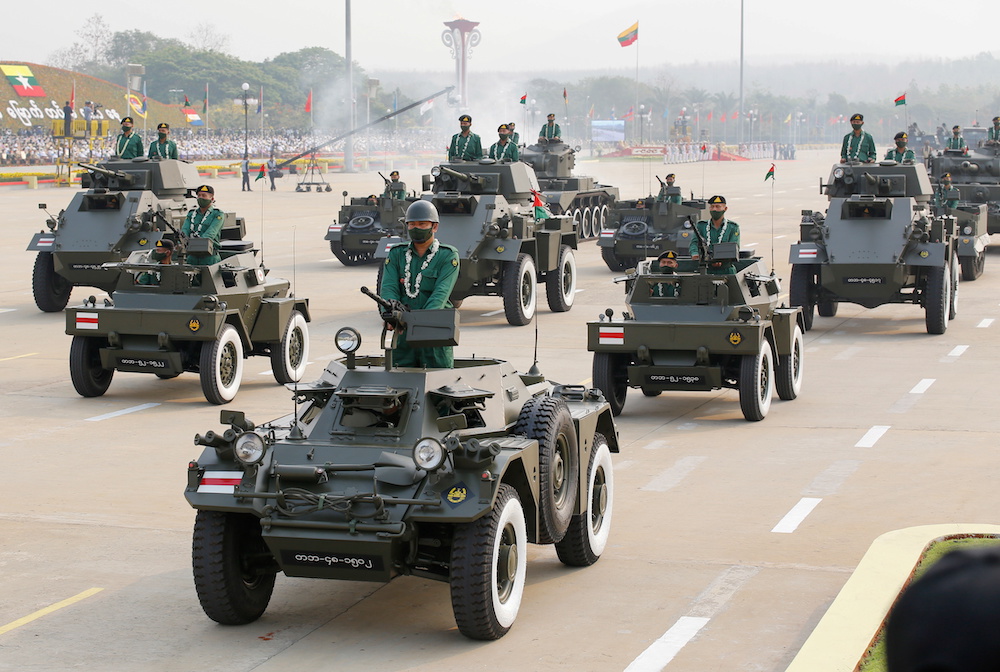 Military personnel participates in a parade on Armed Forces Day in Naypyitaw, Myanmar, March 27, 2021. — Reuters pic