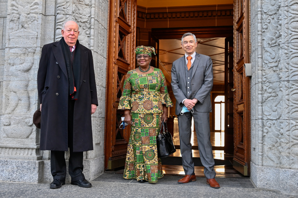 New WTO director-general Ngozi Okonjo-Iweala poses between WTO deputy directors-general Alan Wolff (left) and Karl Brauner upon her arrival at the WTO headquarters in Geneva, Switzerland March 1, 2021. u00e2u20acu201d Reuters pic 