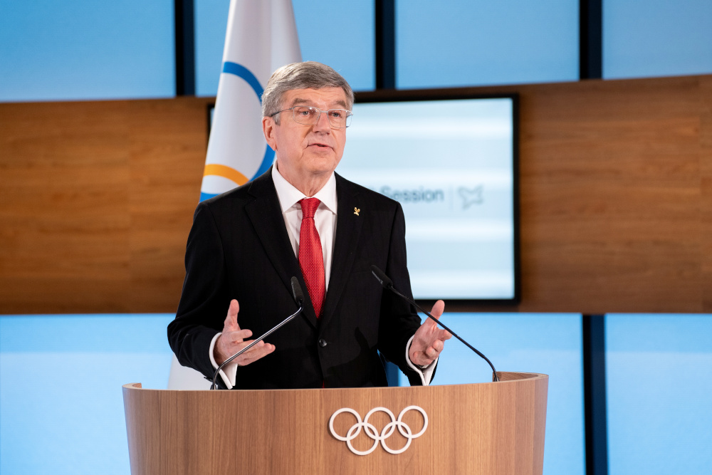 International Olympic Committee President Thomas Bach opens the 137th IOC Session and virtual meeting in Lausanne, Switzerland, March 10, 2021. u00e2u20acu201d Greg Martin/IOC handout pic via Reutersnn