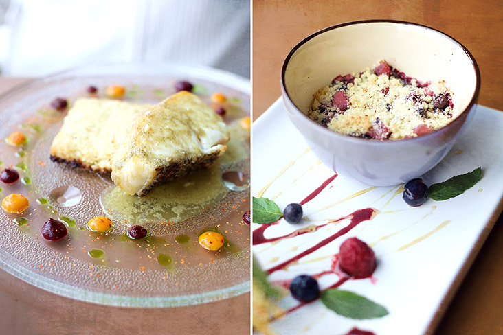 'Merluza negra' or black hake (left). Berry and apple crumble (right).