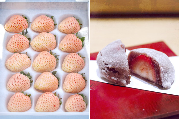White strawberries (left) and strawberry 'daifuku' (right).