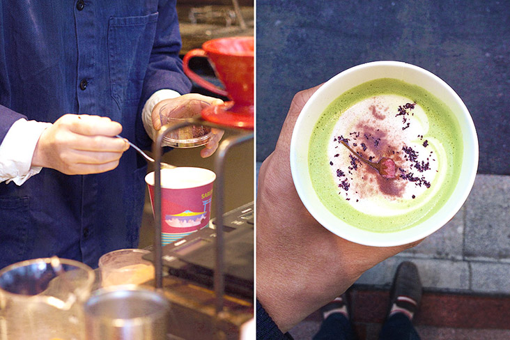 Cherry blossom latte is made from a base of creamy matcha and topped with preserved 'sakura' blooms.
