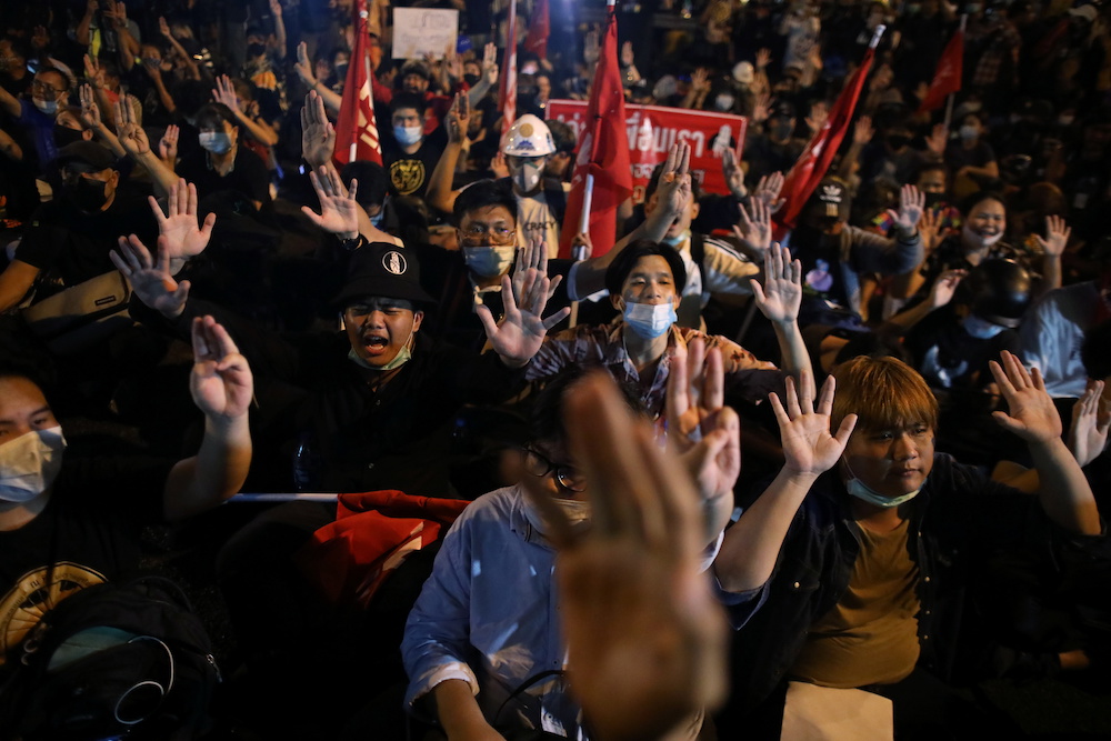 Anti-government demonstrators protest demanding the release of arrested leaders charged with lese majeste law in Bangkok, Thailand March 6, 2021. u00e2u20acu201d Reuters picnnn