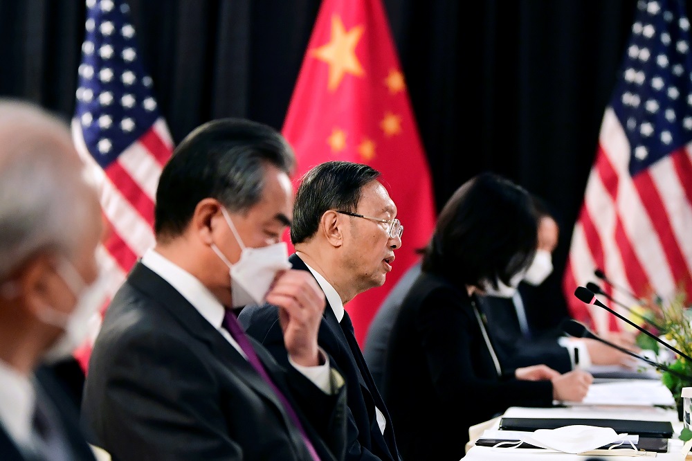 The Chinese delegation led by Yang Jiechi (centre) and Wang Yi (second left) at the opening session of US-China talks at the Captain Cook Hotel in Anchorage, Alaska March 18, 2021. u00e2u20acu2022 Pool via Reuters