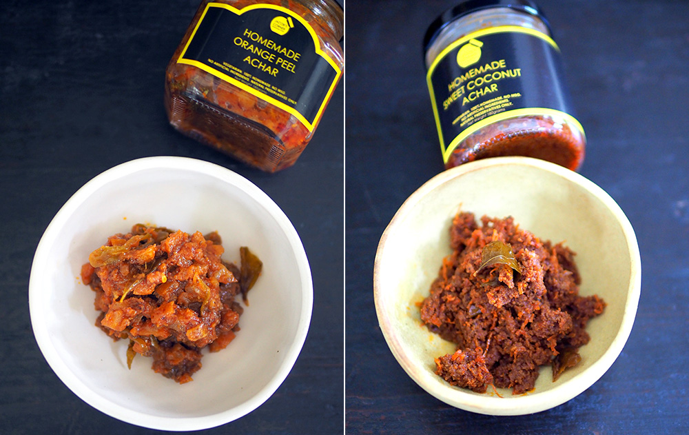 The orange peel achar was inspired by a video on the making of orange marmalade (left). Sweet coconut achar is packed with lots of grated coconut and fragrant from the use of organic virgin coconut oil (right).