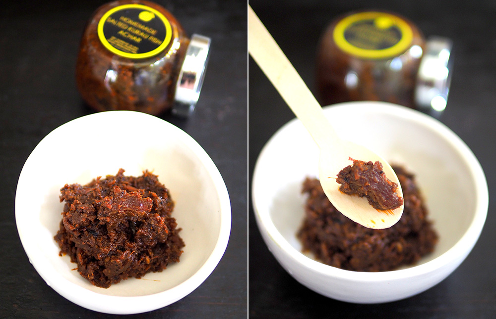 Salted 'kurau' fish achar is not overly salty making it a nice addition to your meal (left). You get rectangular pieces of salted 'kurau' fish inside the achar that are not too hard (right).