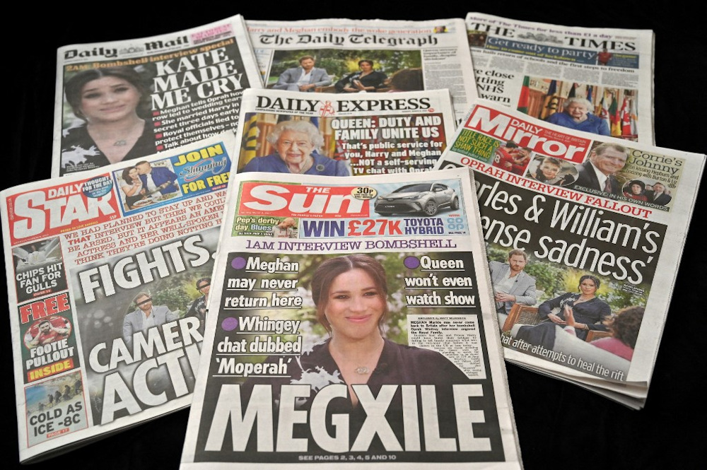 UK daily newspapers photographed as an illustration in Brighton on March 8, 2021, shows front page headlines reporting on the story of the interview given by Meghan, Duchess of Sussex to Oprah Winfrey, which aired on US broadcaster CBS. u00e2u20acu201d AFP pic