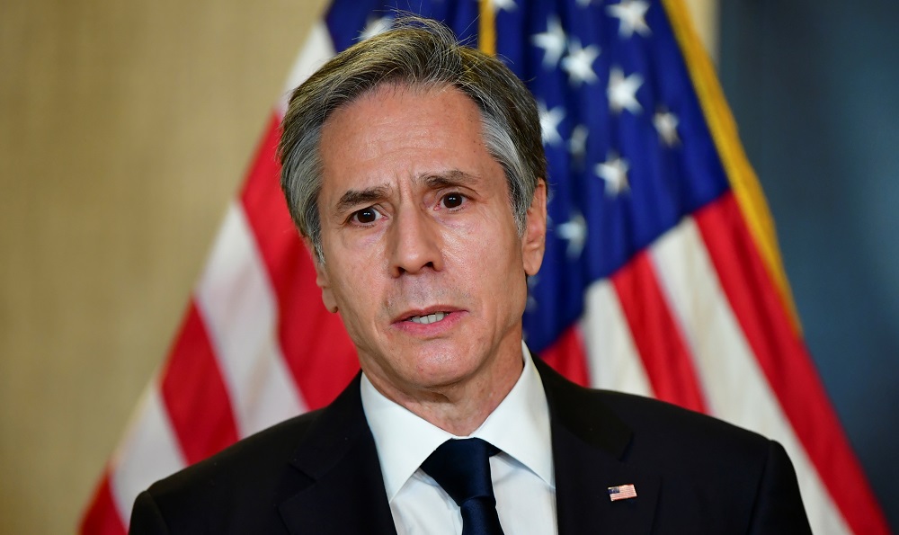 US Secretary of State Antony Blinken addresses the media following the closed-door morning talks between the United States and China upon conclusion of their two-day meetings in Anchorage, Alaska March 19, 2021. u00e2u20acu2022 Pool via Reuters