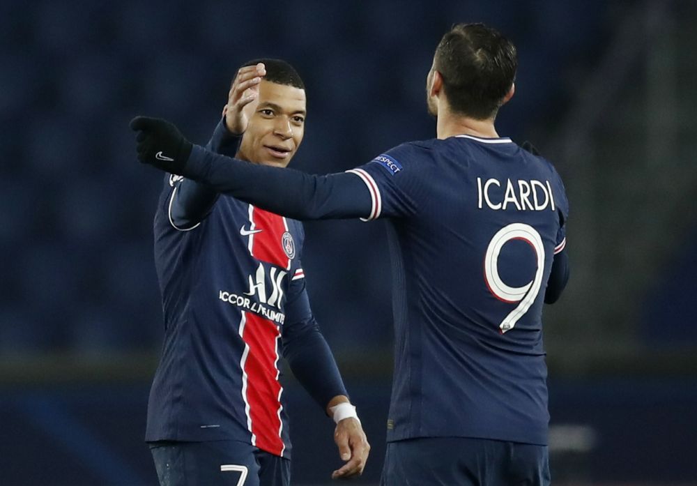 Paris St Germain's Kylian Mbappe and Mauro Icardi celebrate after the match against Barcelona at Parc des Princes, Paris March 10, 2021. u00e2u20acu201d Reuters pic