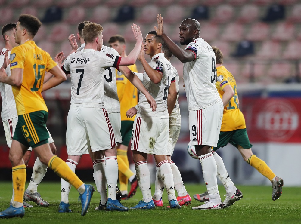 Belgium's Romelu Lukaku celebrates with teammates after scoring their third goal against Wales March 25, 2021. u00e2u20acu2022 Reuters pic