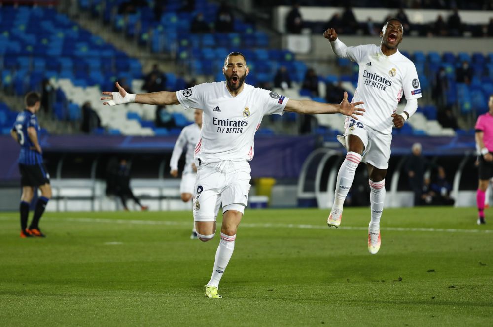 Karim Benzema celebrates scoring their first goal against Atalanta at the Estadio Alfredo Di Stefano, Madrid March 16, 2021. u00e2u20acu201d Reuters picnn