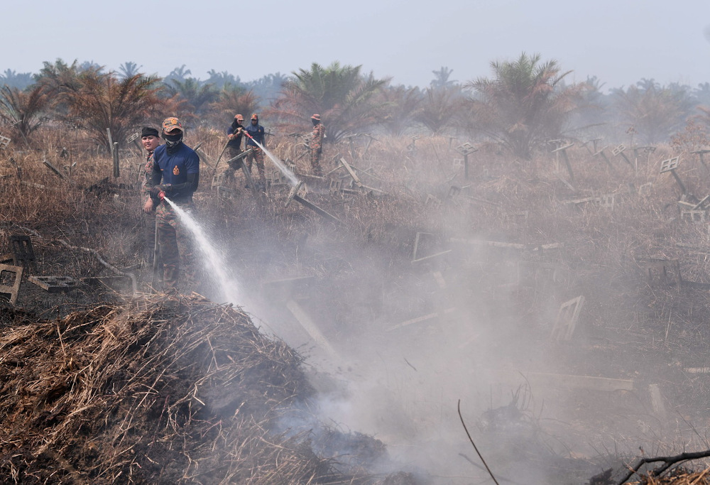 Fire and Rescue Department personnel are seen combating a fire at the Kuala Langat Selatan Forest Reserve in Selangor March 2, 2021. u00e2u20acu201d Bernama pic