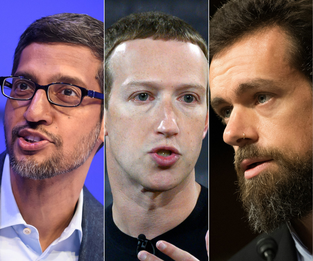 (From left) Alphabet CEO Sundar Pichai, Facebook founder Mark Zuckerberg and CEO of Twitter Jack Dorsey. u00e2u20acu201d AFP pic 