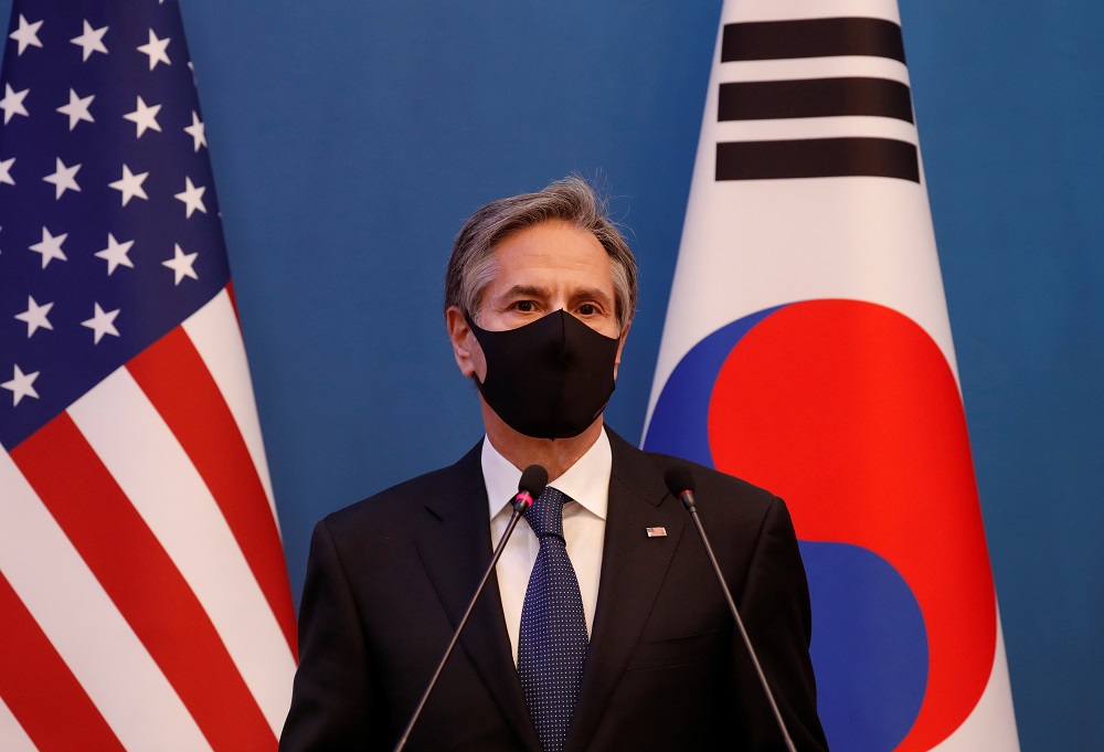 US Secretary of State Antony Blinken speaks during a joint news conference after the Foreign and Defence Ministerial meeting between South Korea and the US at the Foreign Ministry in Seoul March 18, 2021. u00e2u20acu2022 Pool via Reuters