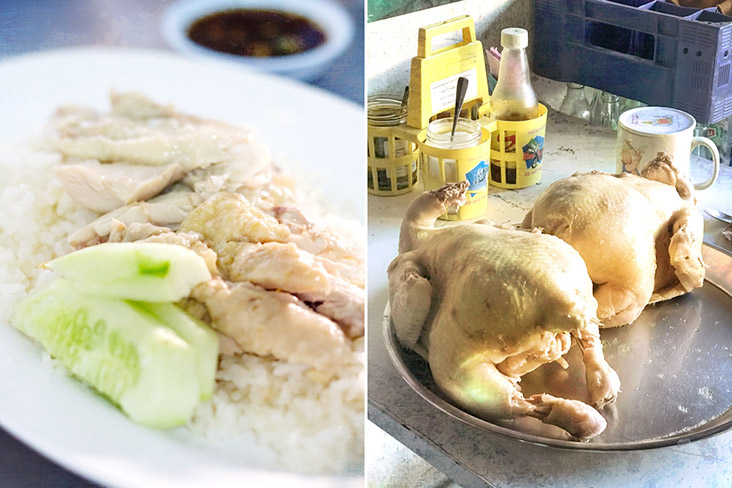 Thai chicken rice or 'khao man gai', with sliced 'prik kee noo' chillies in a sweet soy sauce for dipping.
