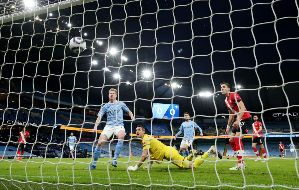 Manchester City's Kevin De Bruyne scores their first goal against Southampton at the Etihad Stadium, Manchester March 10, 2021. u00e2u20acu201d Reuters pic
