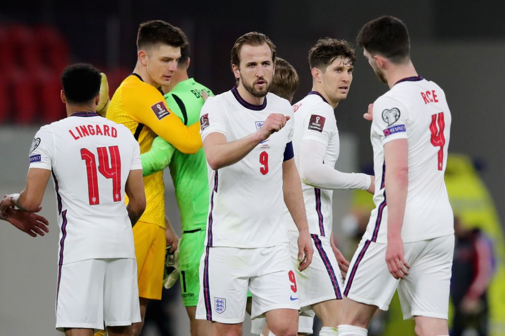 England's Harry Kane and Declan Rice celebrate after the match against Albania with Kalvin Phillips at the Arena Kombetare, Tirana March 28, 2021. u00e2u20acu201d Reuters pic
