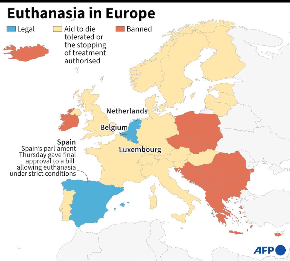 Map showing differences in laws about euthanasia in European countries.