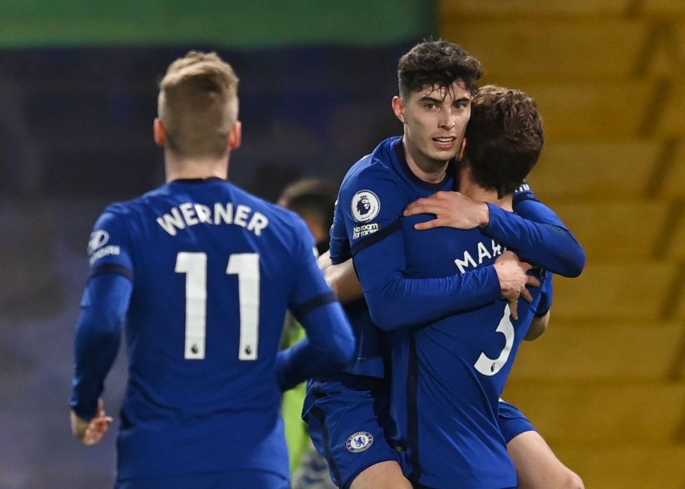 Chelsea's Kai Havertz celebrates scoring their first goal against Everton with Marcos Alonso at Stamford Bridge, London March 8, 2021. u00e2u20acu201d Reuters picn